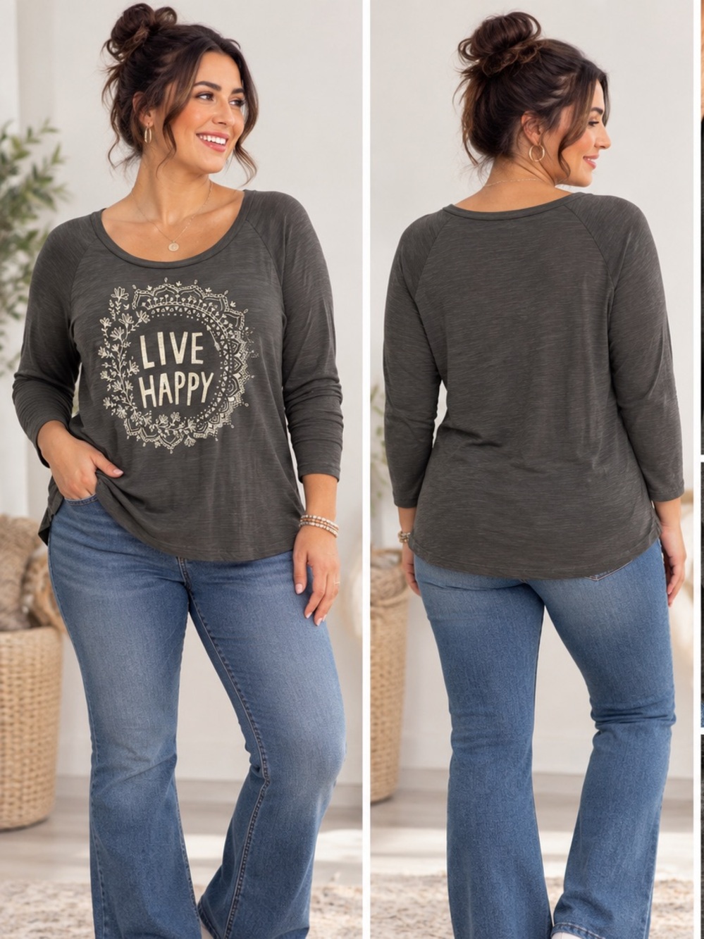 NWT NATURAL LIFE Charcoal 'Live Happy' Long-Sleeve Graphic Tee Size Medium